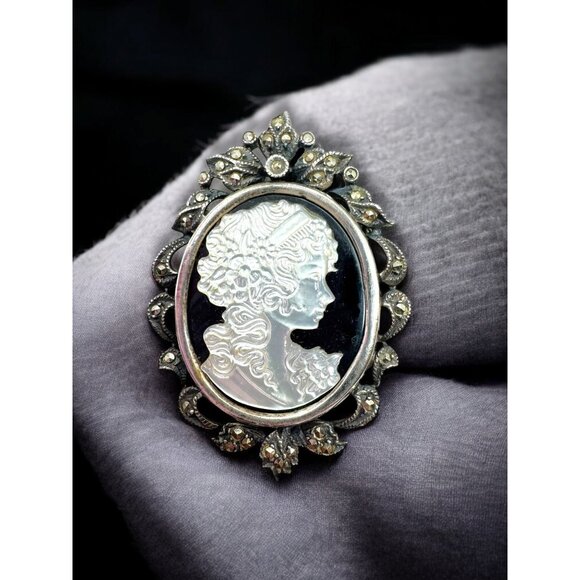 TH Jewelry - Art Deco Sterling Silver Cameo Brooch Pendant Marcasite Mother Of Pearl